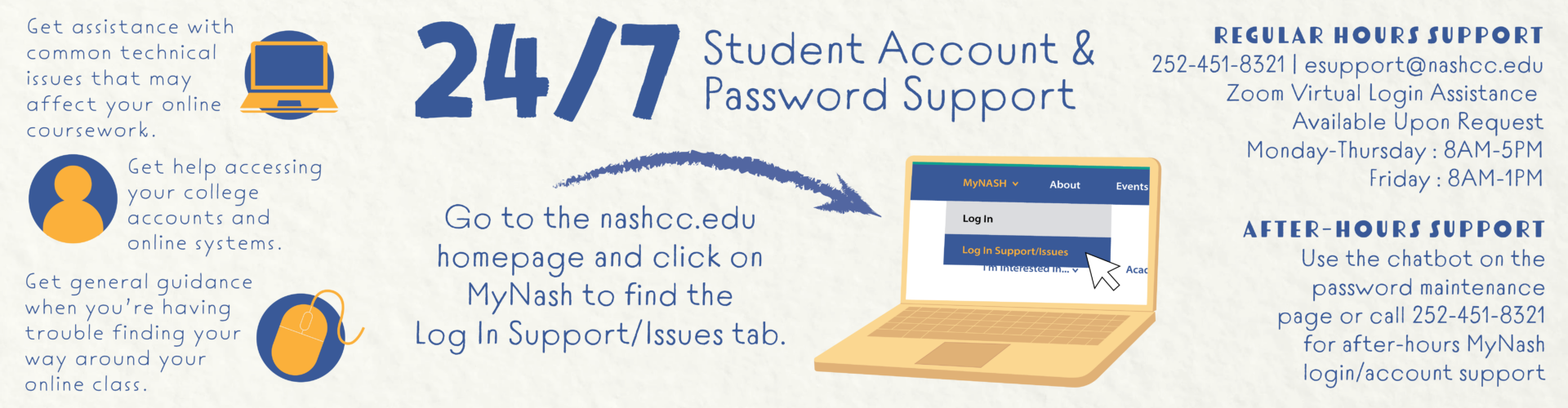24/7 Student Account & Password Support. Information from the flyer is provided below.