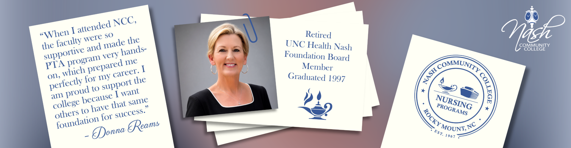 Web banner with headshot of woman and quote