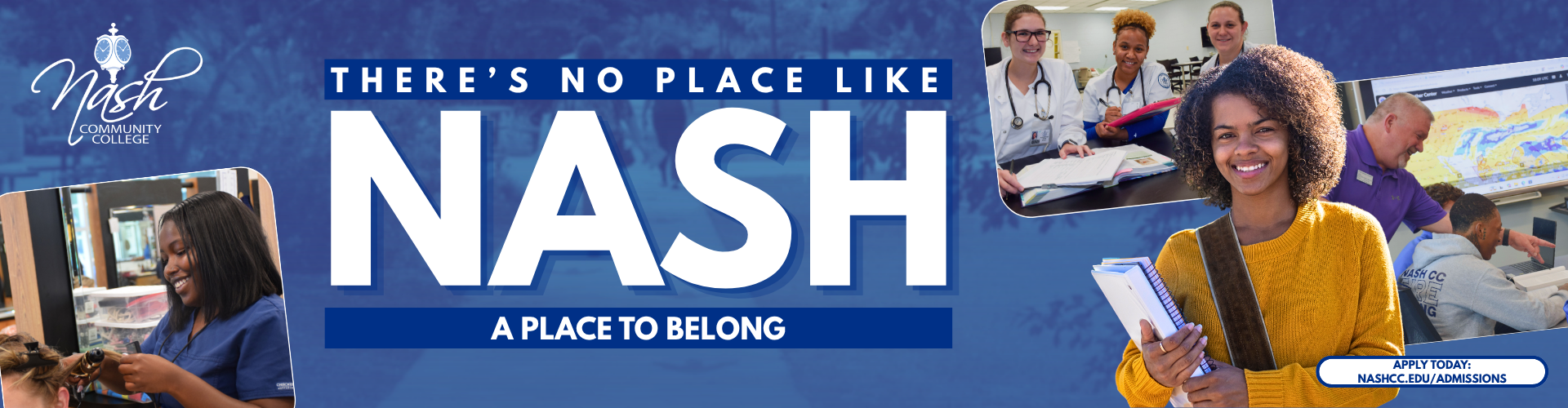 Web banner showcasing a blue back with photos surrounding a woman